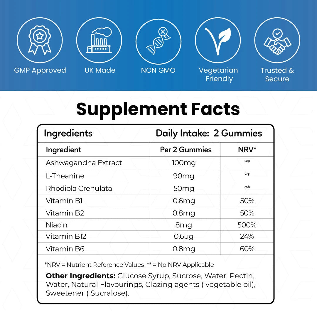 Calm Complex supplement facts table listing ingredients per two gummies