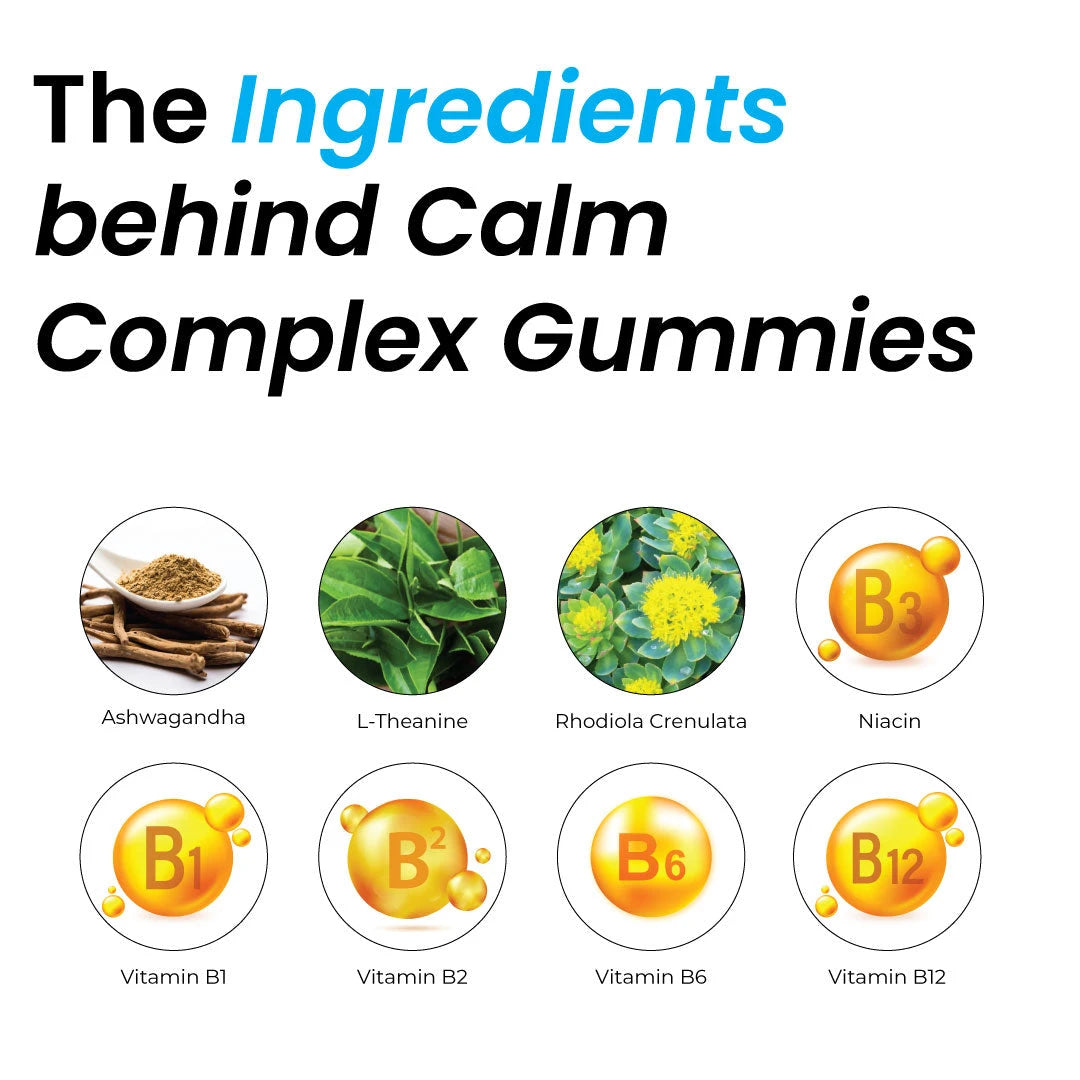 Calm Complex Gummies ingredient graphic with ashwagandha, L-theanine, Rhodiola and B vitamins