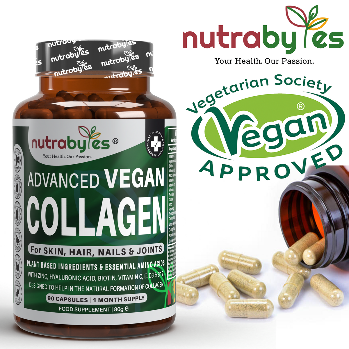 NUTRABYTES vegan collagen-support capsules with Vegan Society approved logo