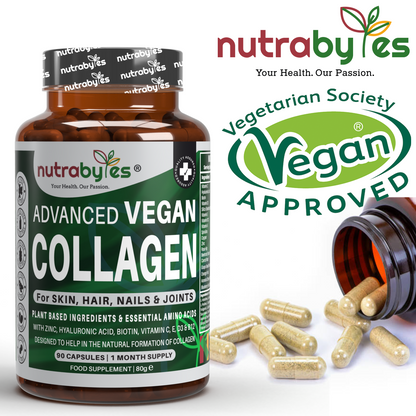 NUTRABYTES vegan collagen-support capsules with Vegan Society approved logo