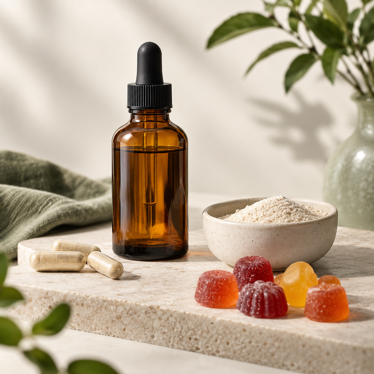 Capsules, liquid drops, gummies and supplement powder arranged on a warm neutral background
