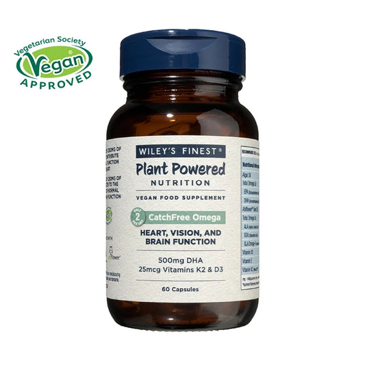 Wiley's Finest CatchFree vegan omega-3 bottle with 60 capsules and Vegan Society approved logo