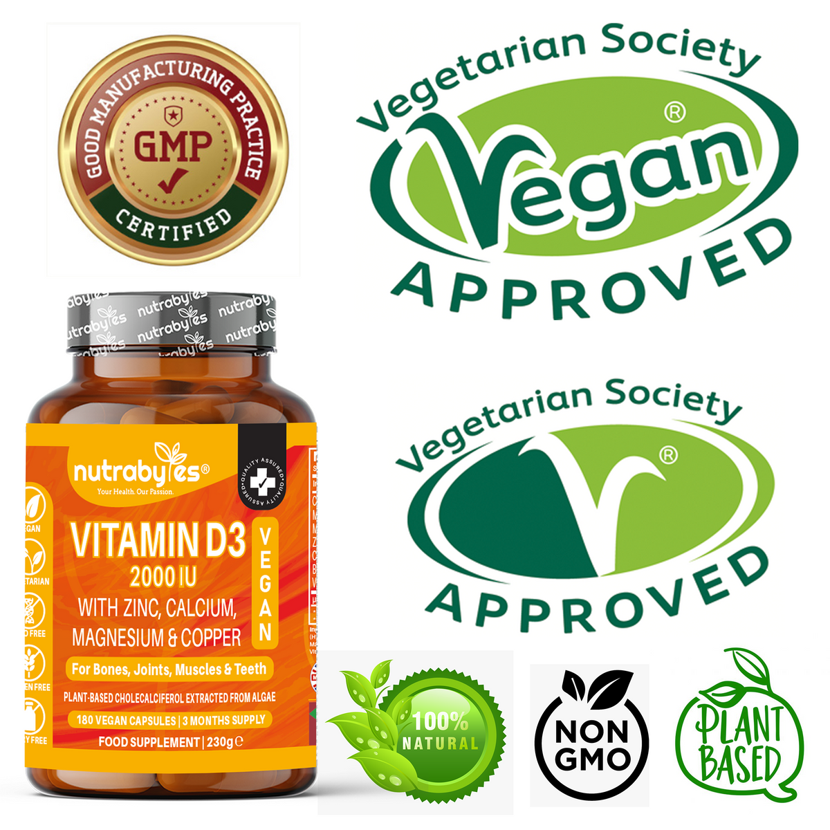 Vegan Vitamin D3 2000 IU with Calcium, Magnesium, Zinc & Copper – 180 Capsules | NUTRABYTES – Certified Approved product graphic