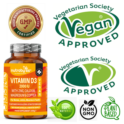 Vegan Vitamin D3 2000 IU with Calcium, Magnesium, Zinc & Copper – 180 Capsules | NUTRABYTES – Certified Approved product graphic
