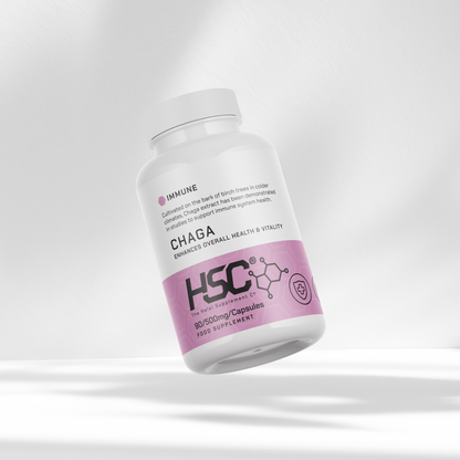 The Halal Supplement Company Chaga Mushroom 500mg bottle with 90 vegan capsules
