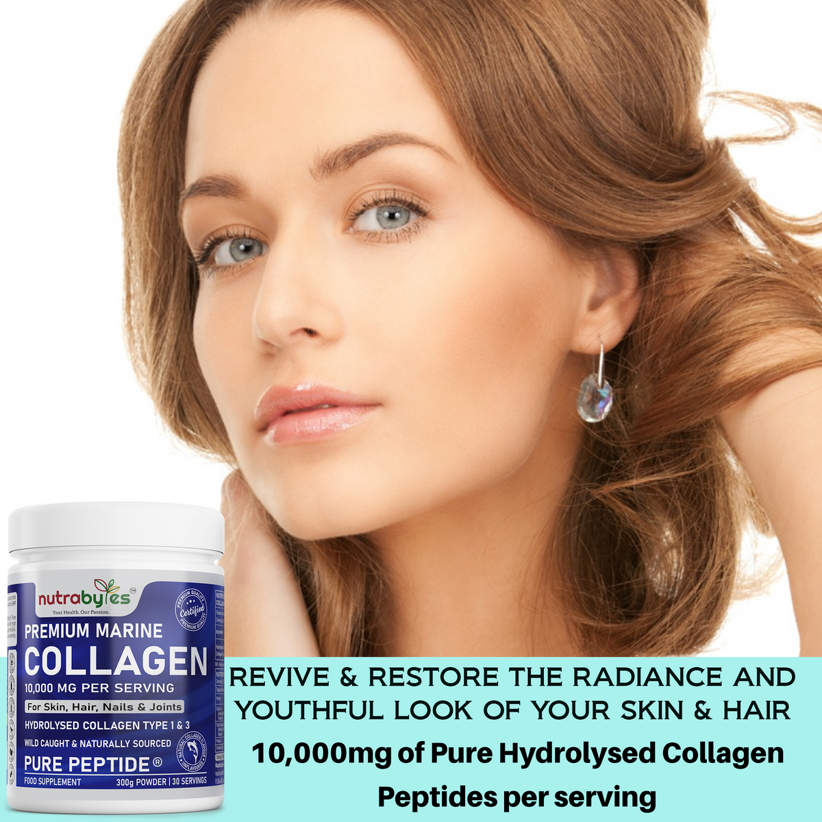 NUTRABYTES Marine Collagen Powder 10,000mg – Collagen Beauty product graphic