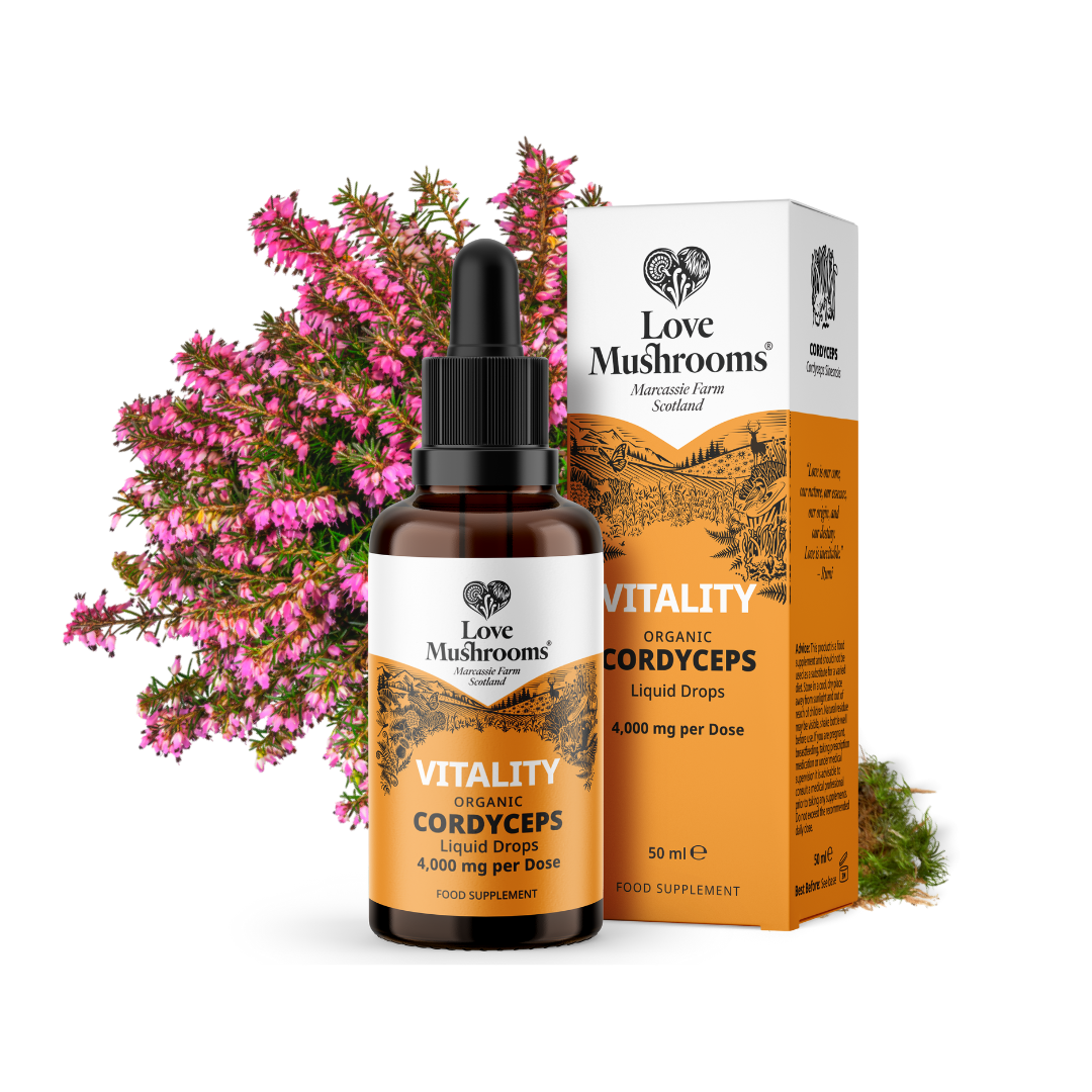 Love Mushrooms Cordyceps Mushroom Liquid Drops 4000mg 50ml bottle and box