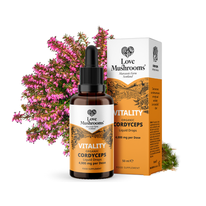 Love Mushrooms Cordyceps Mushroom Liquid Drops 4000mg 50ml bottle and box