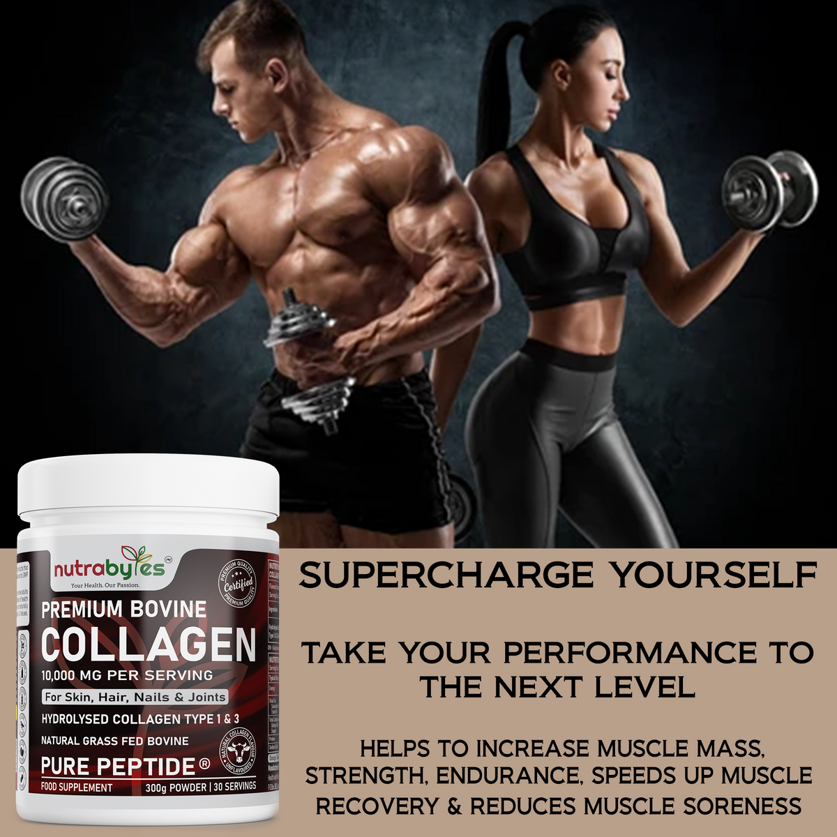 NUTRABYTES Bovine Collagen Powder 10,000mg – adult couple strength training in a gym