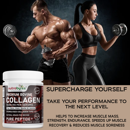 NUTRABYTES Bovine Collagen Powder 10,000mg – adult couple strength training in a gym