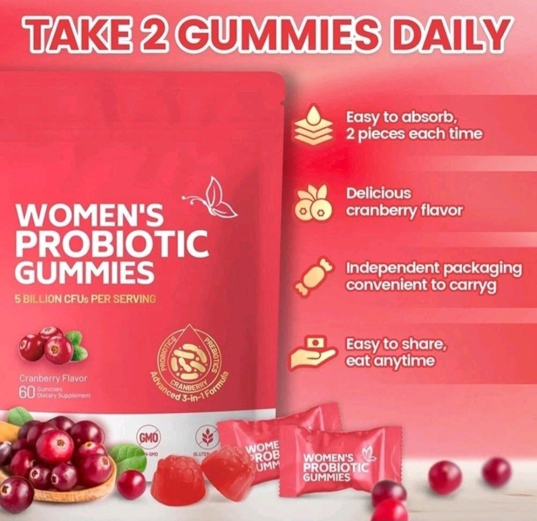 Red packaging of women's probiotic gummies with text highlighting benefits on a red background.