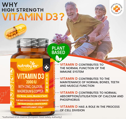 Vegan Vitamin D3 2000 IU with Calcium, Magnesium, Zinc & Copper – 180 Capsules | NUTRABYTES infographic summarising vitamin D3 features and key label information