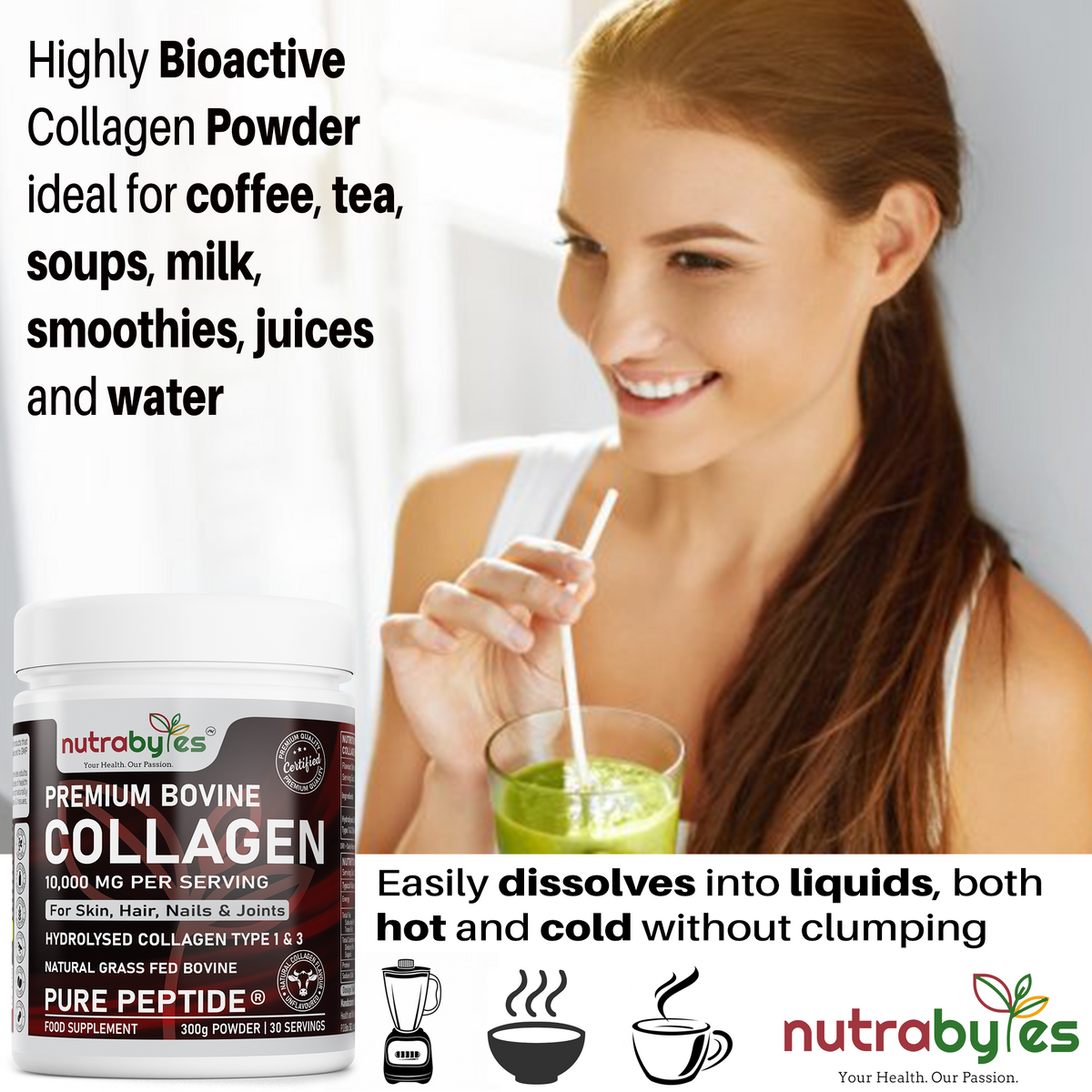 NUTRABYTES Bovine Collagen Powder 10,000mg – powder dissolving and mixing guide