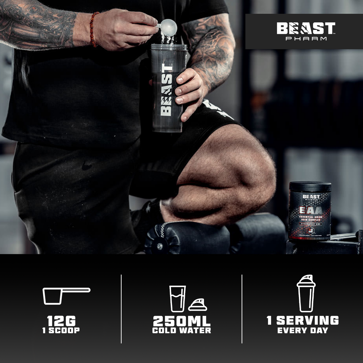 Person holding a Beast Pharm shaker bottle with product packaging and branding.