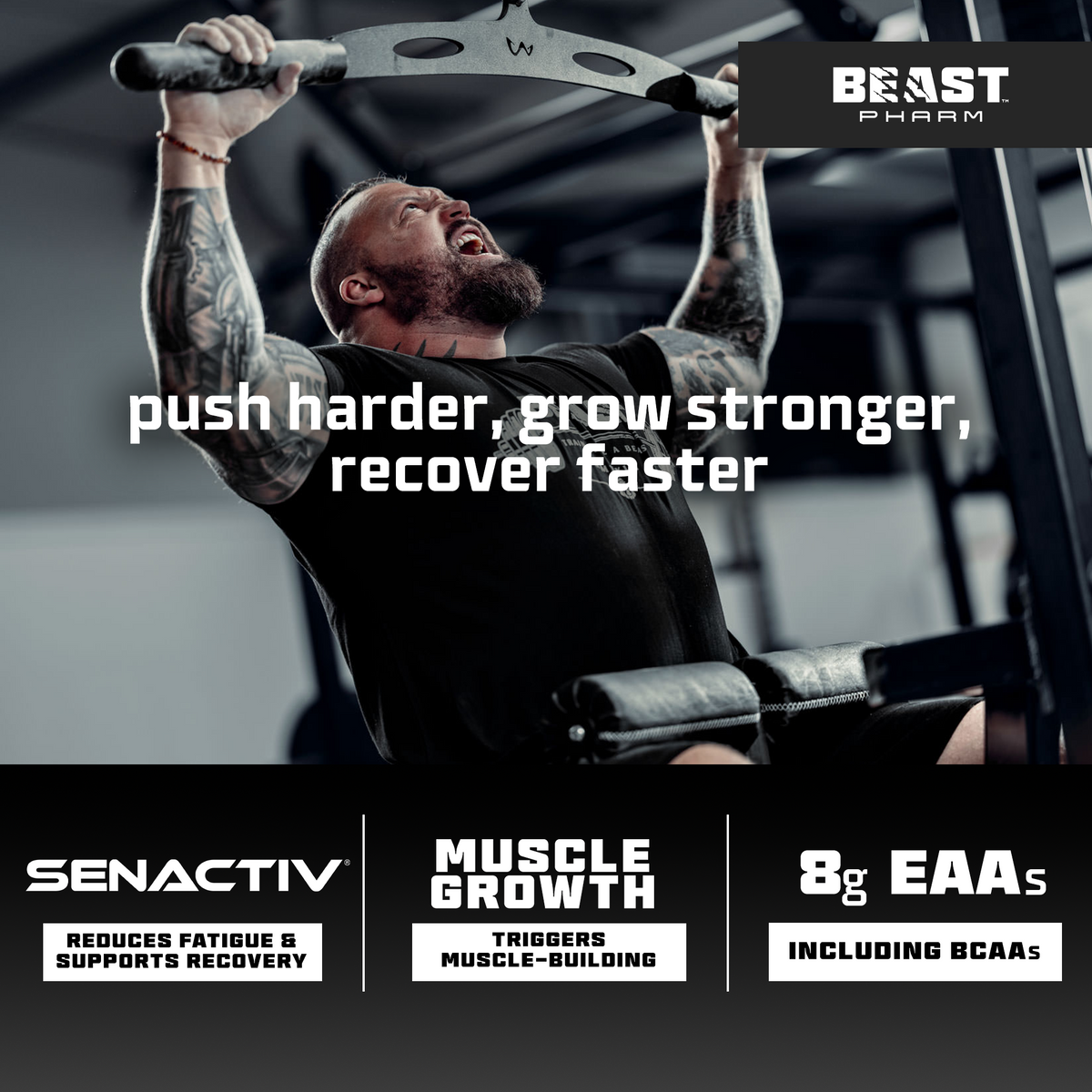 Person lifting weights with 'Beast Pharm' supplement brand text overlay