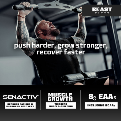 Person lifting weights with 'Beast Pharm' supplement brand text overlay
