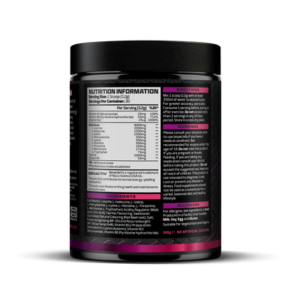 Nutrition information label on a supplement container with black and purple design.