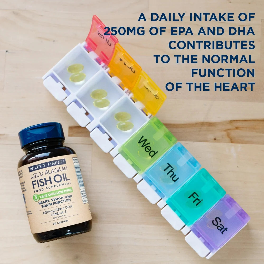 Wiley's Finest Easy Swallow Minis Omega-3 – 630mg EPA + DHA infographic showing the product packaging, label information and key product details