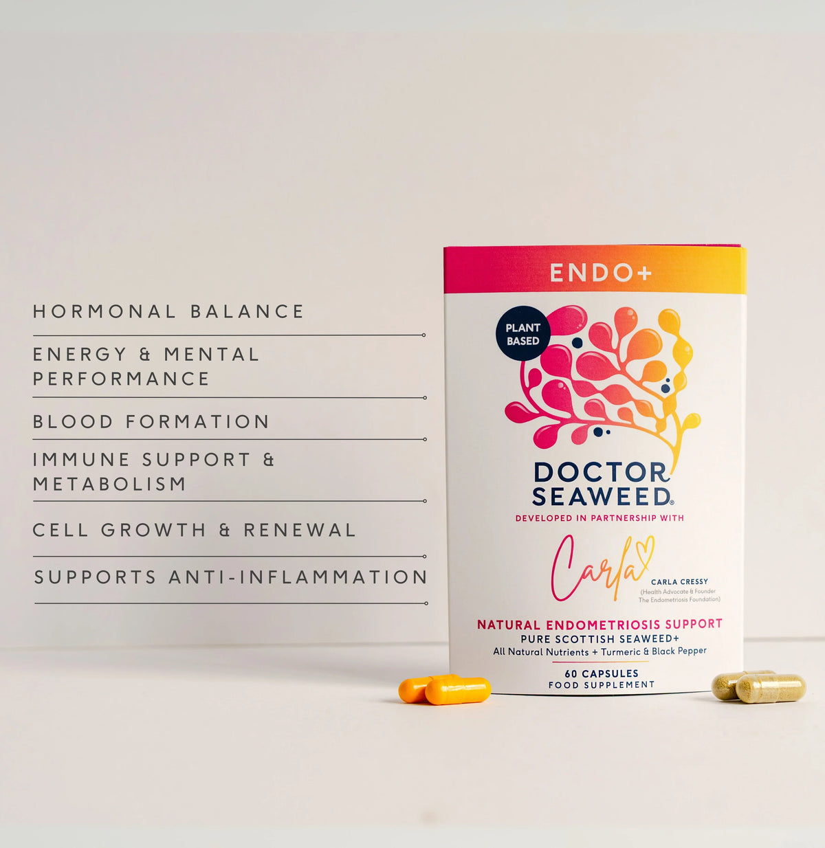 Doctor Seaweed ENDO+ seaweed, vitamin, turmeric and black pepper formula infographic