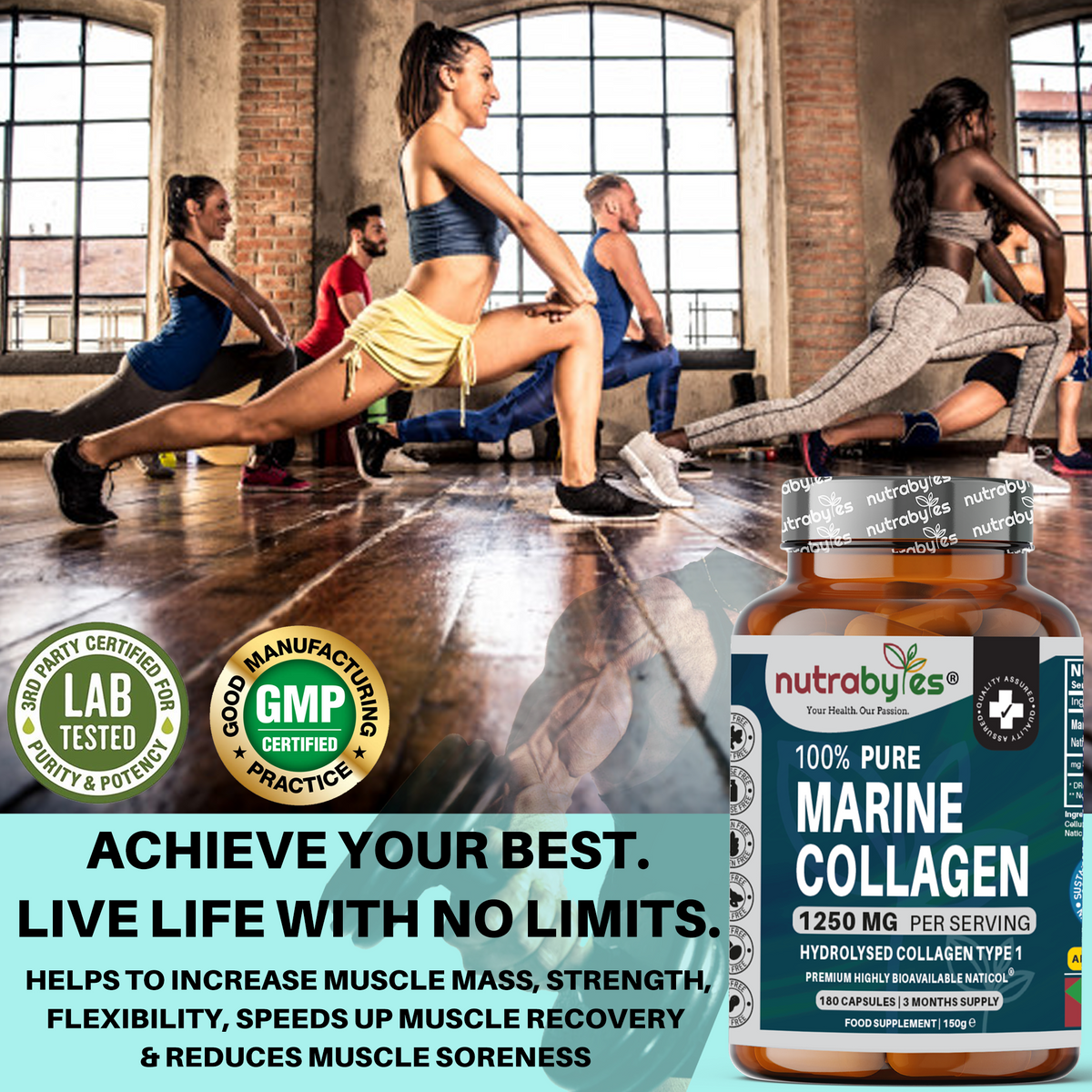 NUTRABYTES Pure Marine Collagen 1250mg – 180 Capsules active lifestyle photograph featuring a group exercise class
