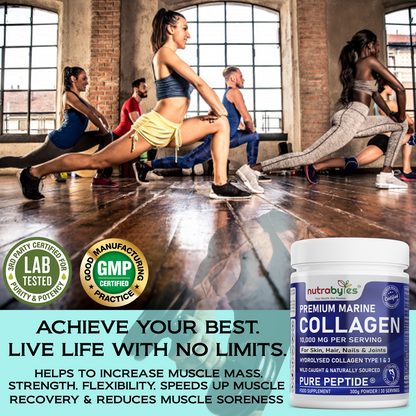 NUTRABYTES Marine Collagen Powder 10,000mg active lifestyle photograph featuring a group exercise class
