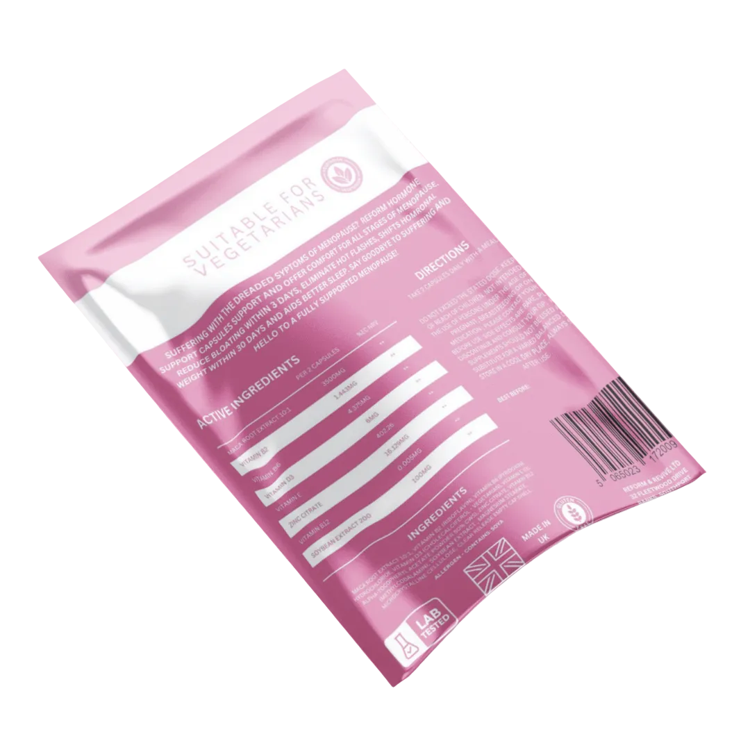 Pink package with white text on a white background