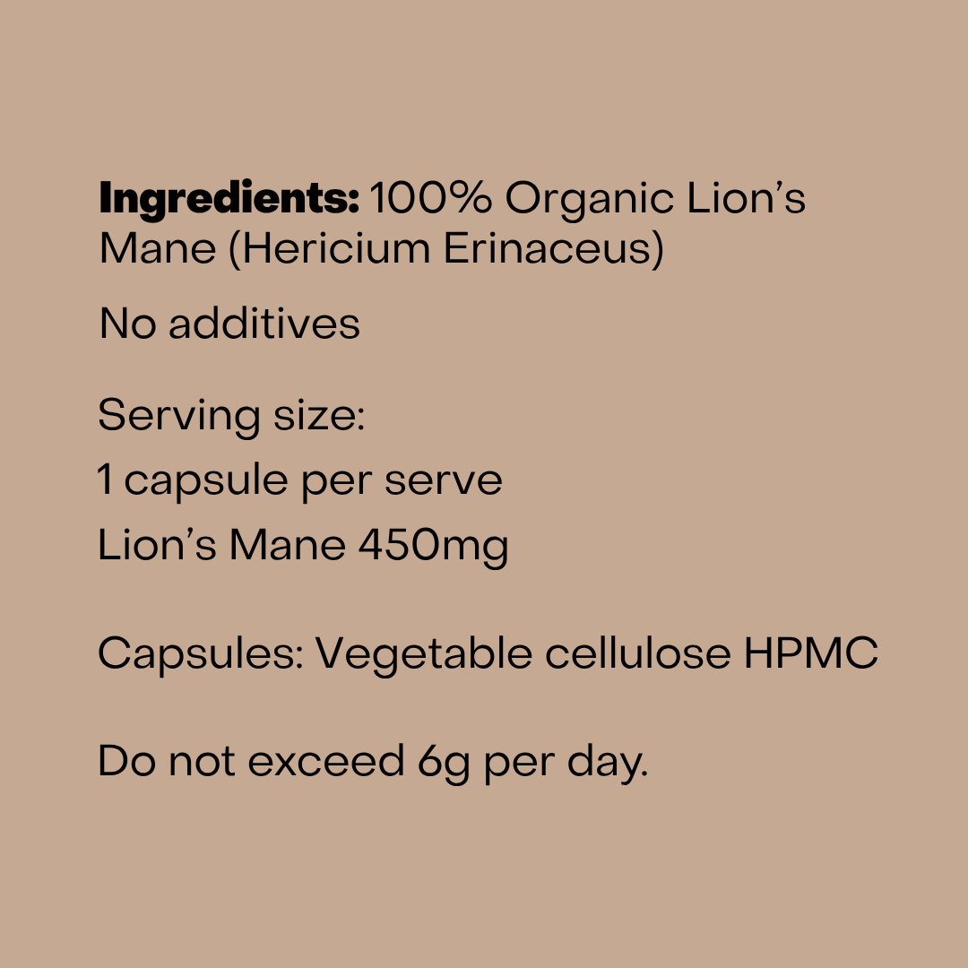 Mothermade Focus – Organic Lion’s Mane Capsules – ingredients and serving information