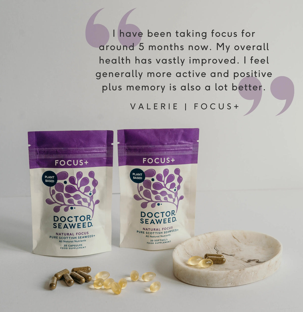 Doctor Seaweed Focus+ supplement pouch displayed with customer testimonial