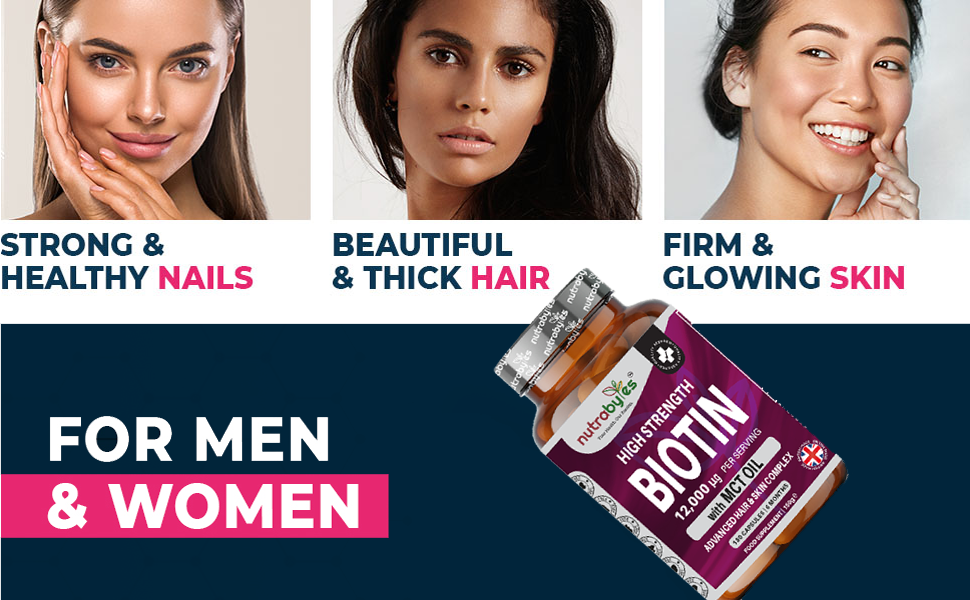 NUTRABYTES Biotin 12,000mcg capsules shown for adult men and women