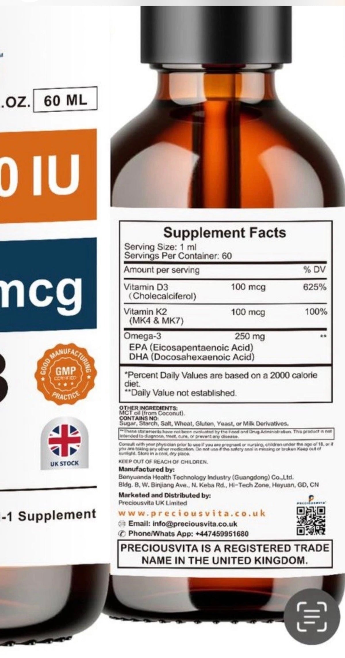 Preciousvita Vitamin D3 4000 IU & K2 Liquid Drops – Peppermint – 60ml