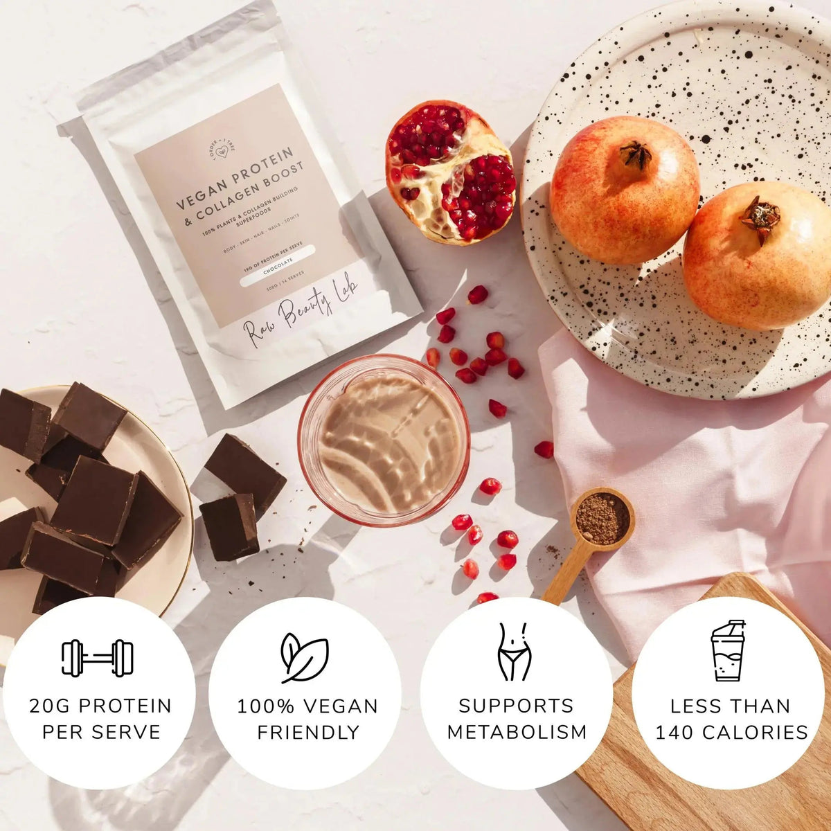 Raw Beauty Lab Vegan Protein & Collagen Builder – chocolate protein serving information