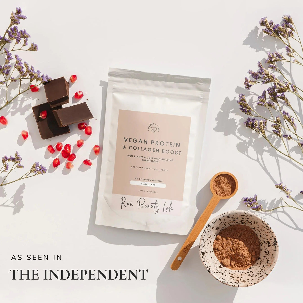 Raw Beauty Lab Vegan Protein & Collagen Builder – pouch and powder with chocolate