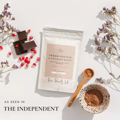 Raw Beauty Lab Vegan Protein & Collagen Builder – pouch and powder with chocolate