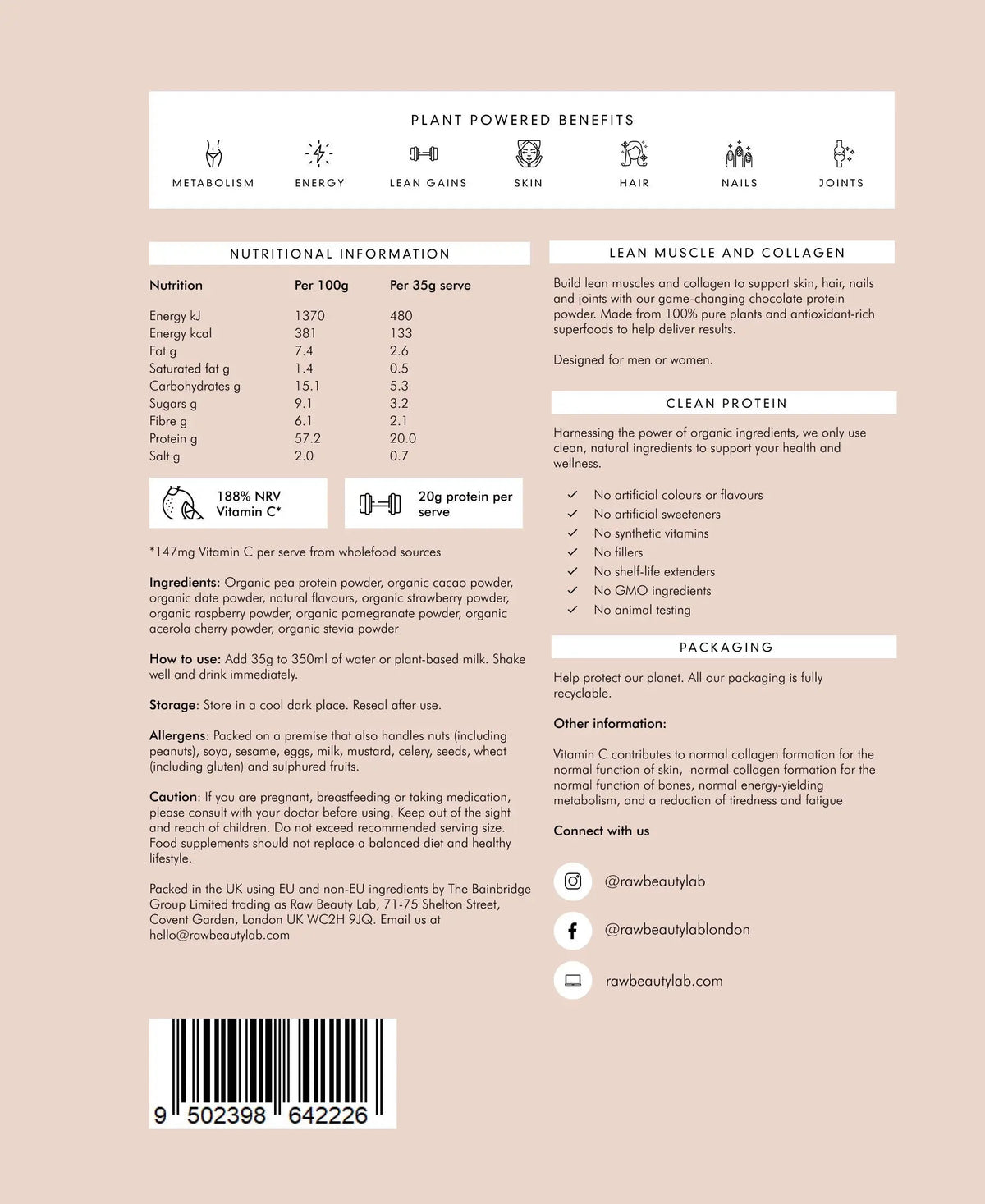 Raw Beauty Lab Vegan Protein & Collagen Builder – ingredients nutrition directions and allergen panel