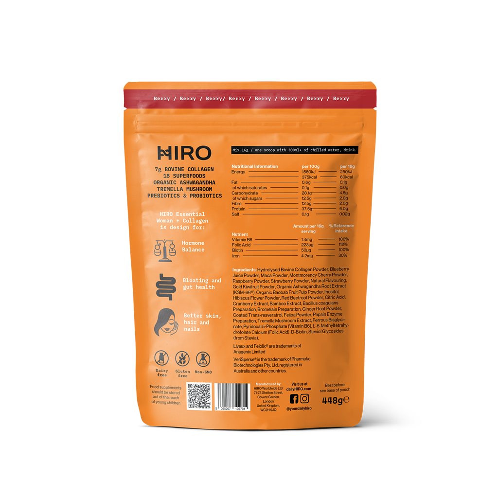 HIRO Essential Woman + Collagen Powder – back of pouch with nutritional panel