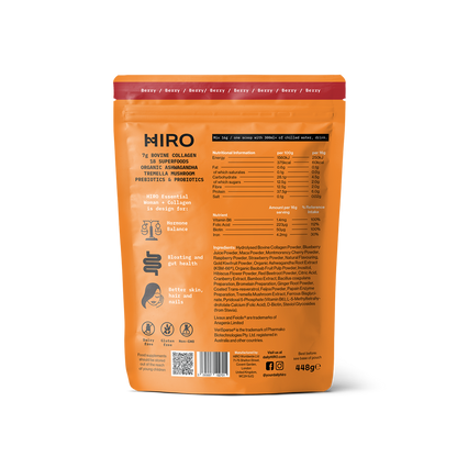 HIRO Essential Woman + Collagen Powder – back of pouch with nutritional panel