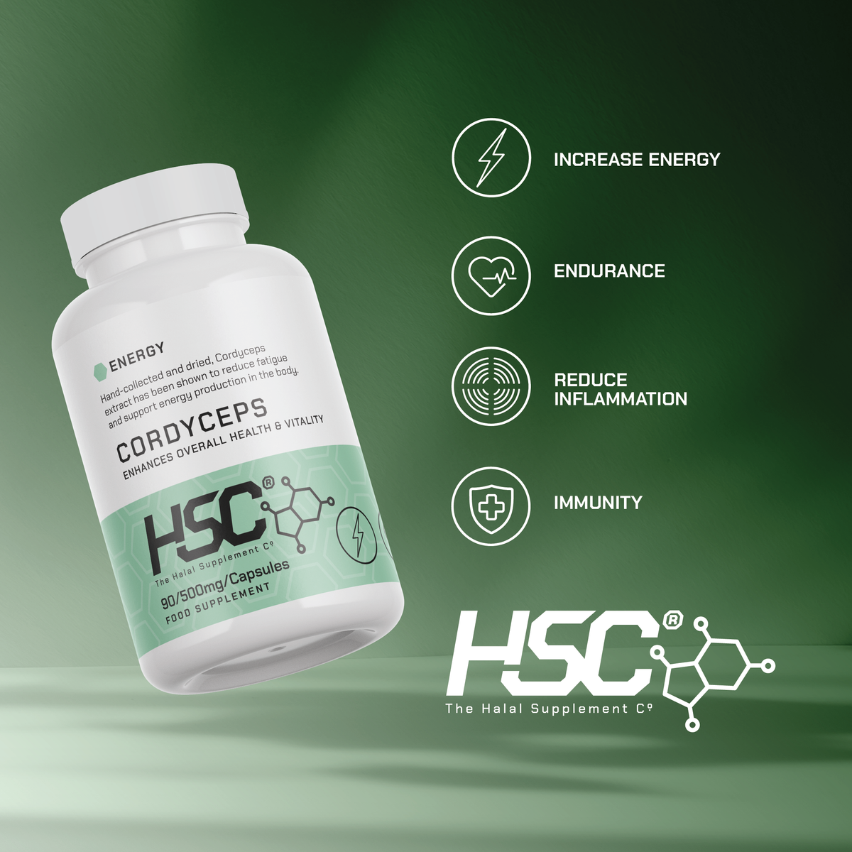 Cordyceps Mushroom 500mg – 90 Vegan Capsules supplier infographic showing the packaging, label information and key product features