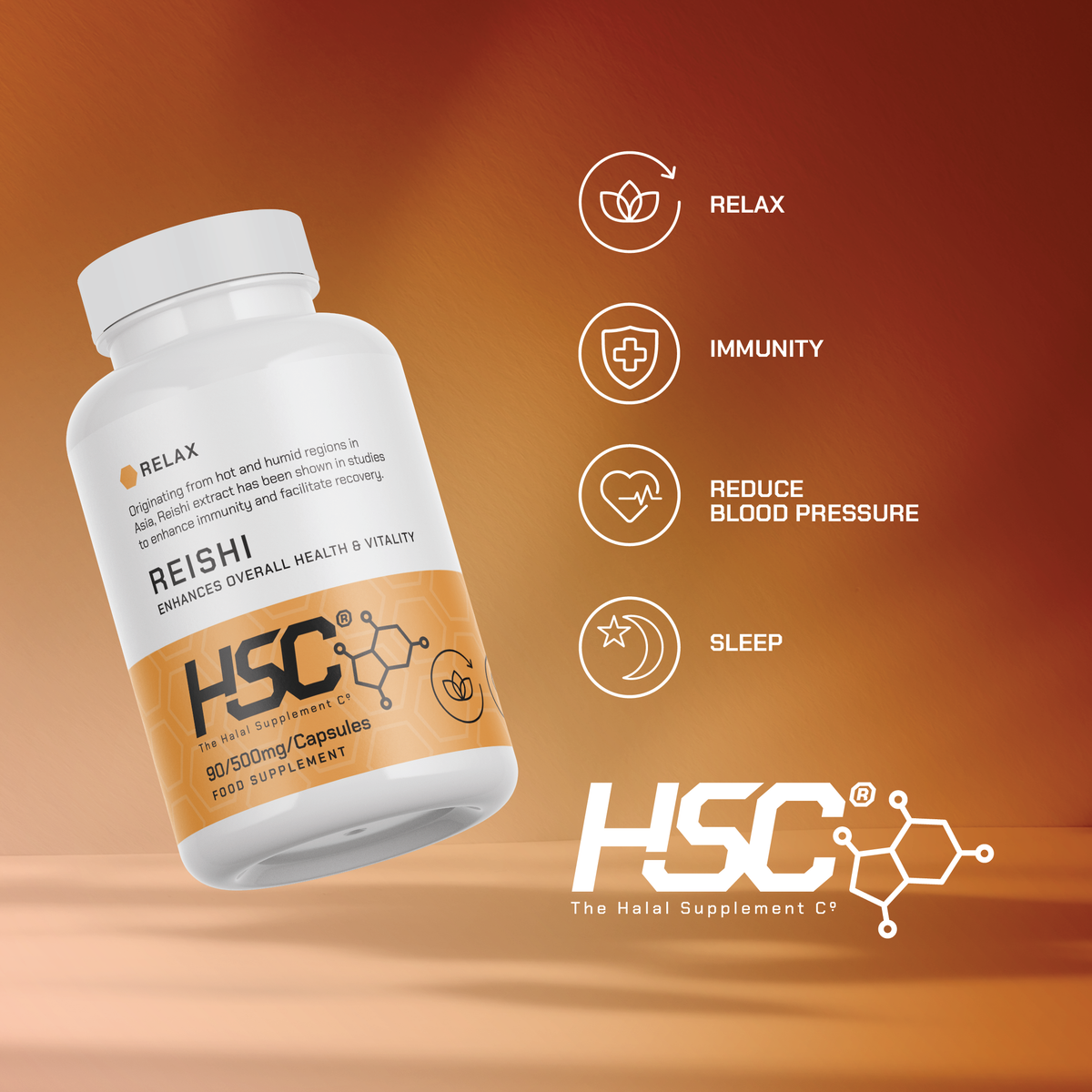 HSC Reishi bottle beside relaxation, immunity, blood pressure and sleep icons