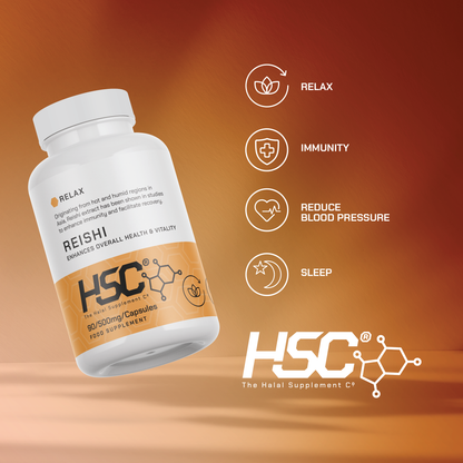 HSC Reishi bottle beside relaxation, immunity, blood pressure and sleep icons