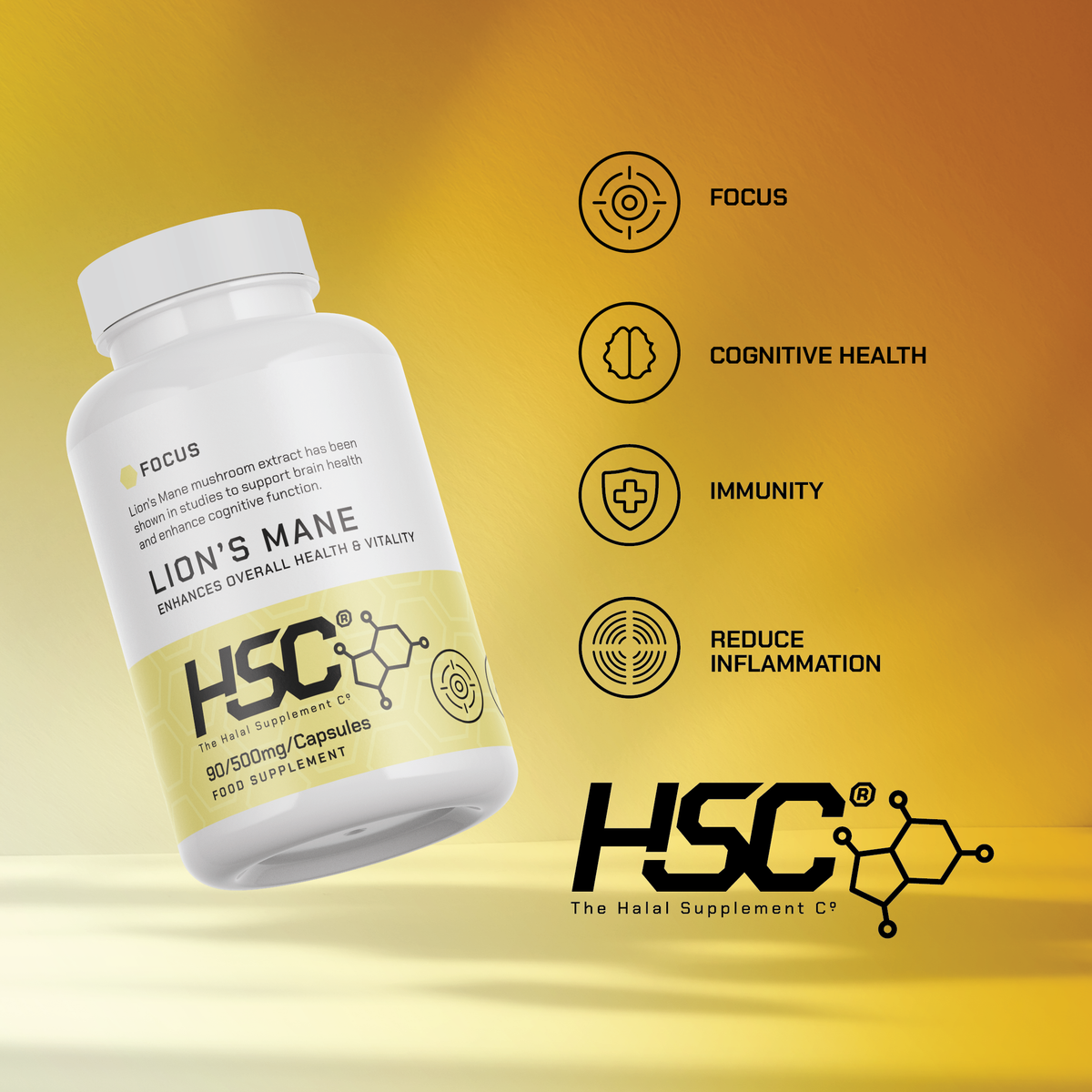HSC Lion’s Mane bottle beside focus, cognitive health, immunity and inflammation icons