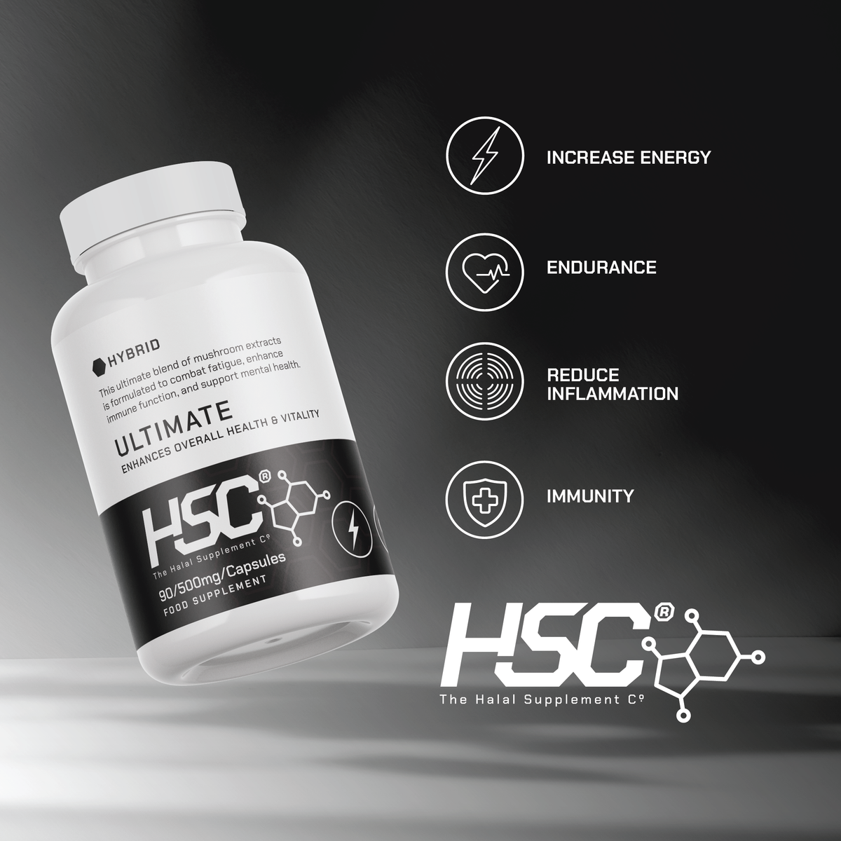 HSC The Ultimate supplement bottle beside energy, endurance, inflammation and immunity icons