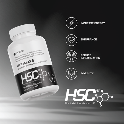 HSC The Ultimate supplement bottle beside energy, endurance, inflammation and immunity icons