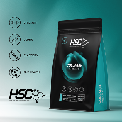 HSC Halal Collagen Peptide Powder pouch with strength, joints, elasticity and gut health icons