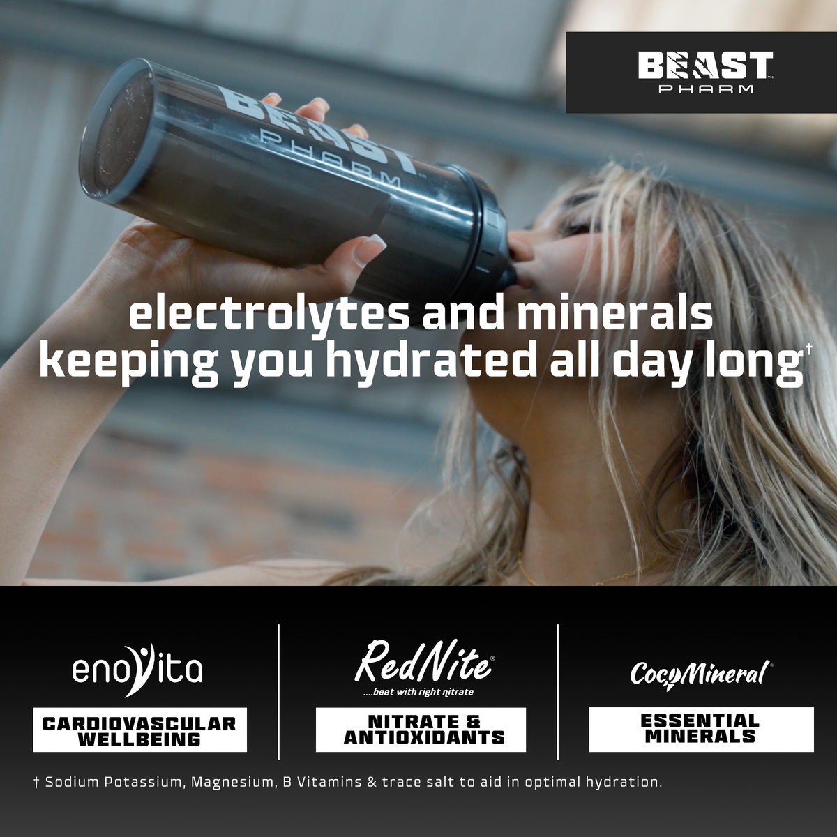 Person holding a Beast Pharm water bottle with text about electrolytes, minerals, and hydration.
