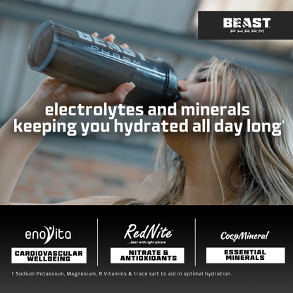 Person holding a Beast Pharm water bottle with text about electrolytes, minerals, and hydration.