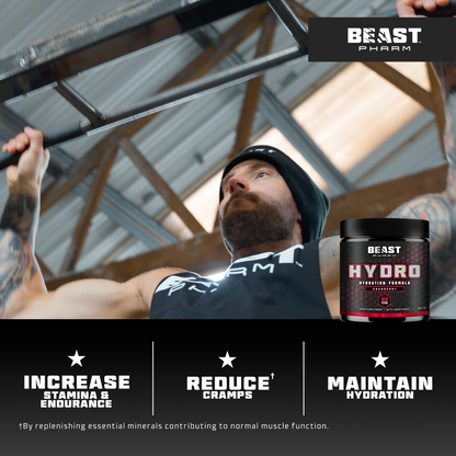 Man lifting weights with Beast Pharm Hydro supplement containers displayed.