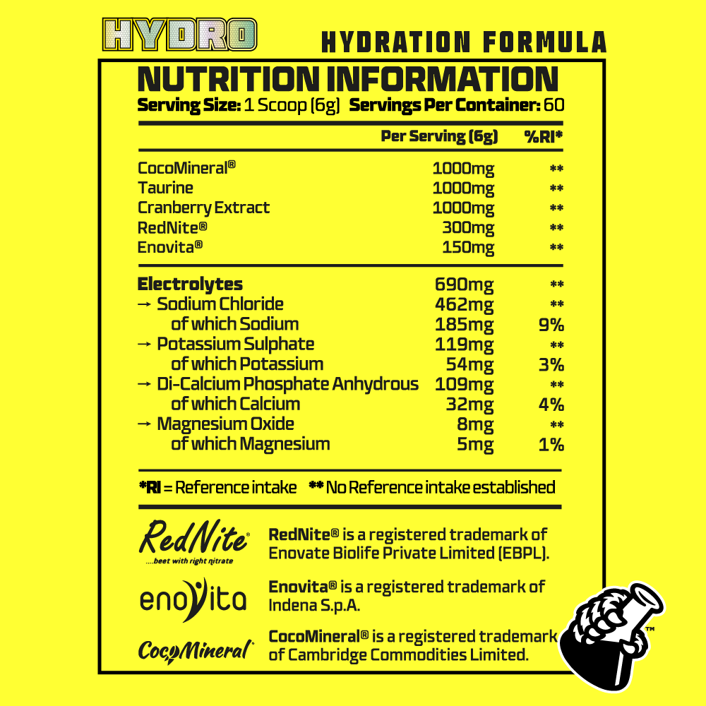 Nutrition information label for a Hydor hydration formula on a yellow background