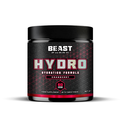 Beast Pharm Hydro hydration formula supplement container on a white background