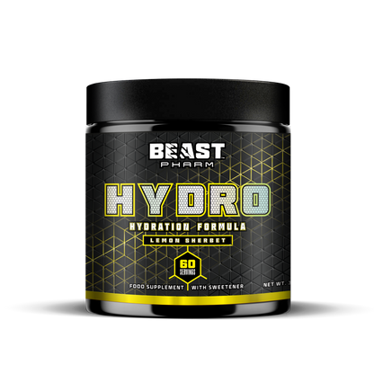 Beast Pharm Hydro hydration formula supplement container on a white background