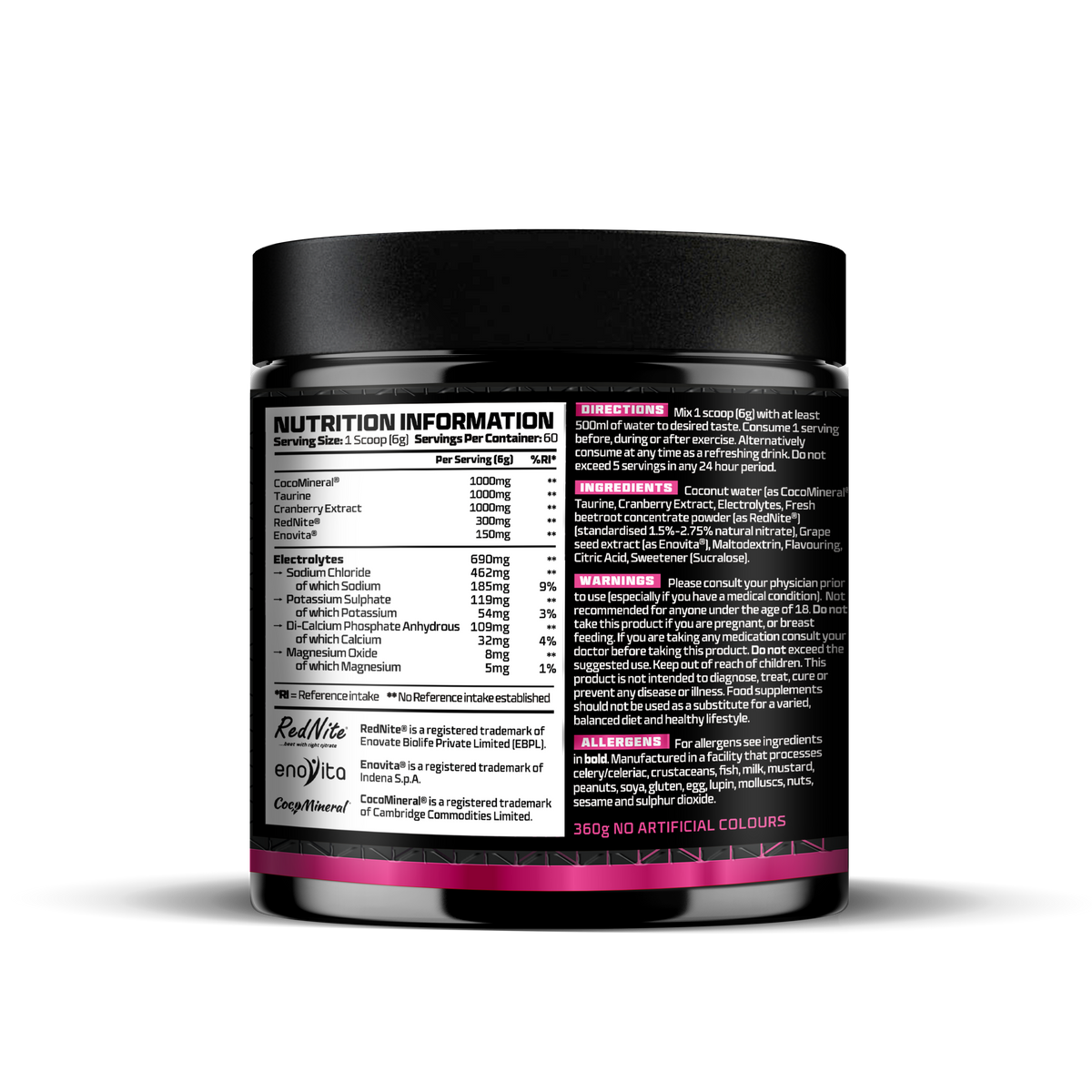 Nutrition information label on a supplement container with a white background